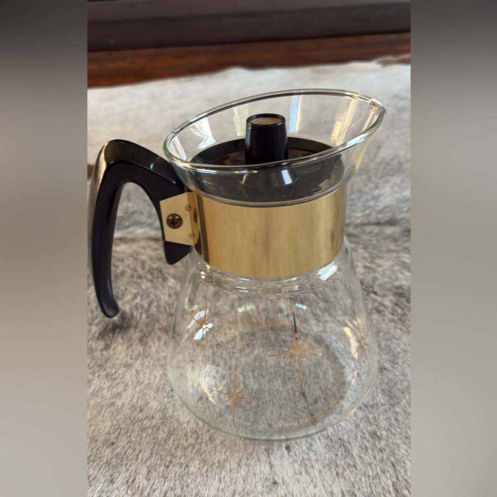 Gold-Trim Glass Corning Coffee Carafe with Black Handle - Mid-Century Starburst